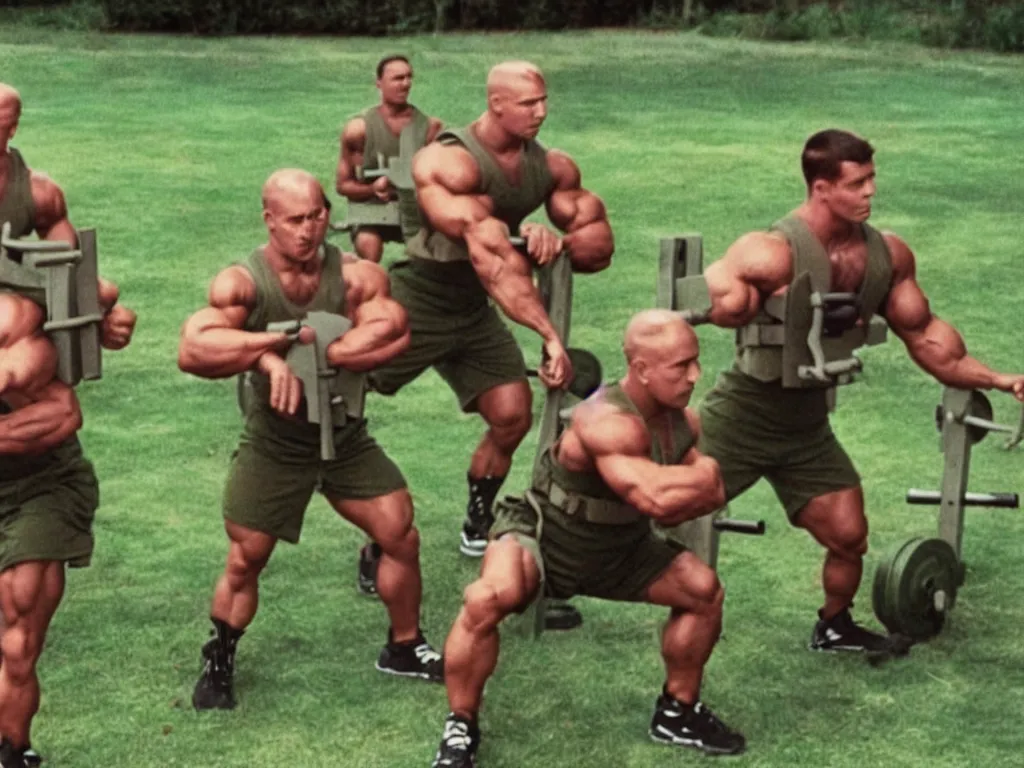 Image similar to vintage 90s VHS video still of a conjoined twin muscular soldiers training for war, retro TV, hue