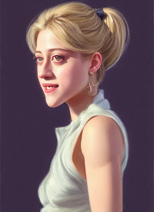 Image similar to portrait of lili reinhart with fluffy bangs, smiling kindly, bangs, 1 9 6 0 s, ponytail, curly bangs and ponytail, rounder face, intricate, elegant, glowing lights, highly detailed, digital painting, artstation, concept art, smooth, sharp focus, illustration, art by wlop, mars ravelo and greg rutkowski