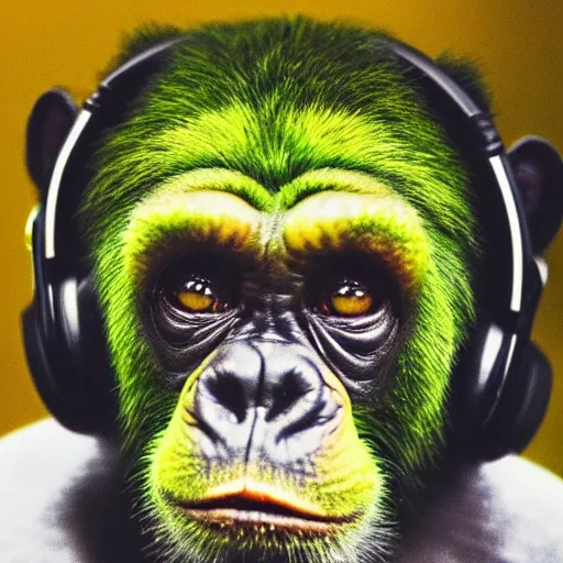 Image similar to a high quality photo of a green chimp wearing headphones, realism, 8k