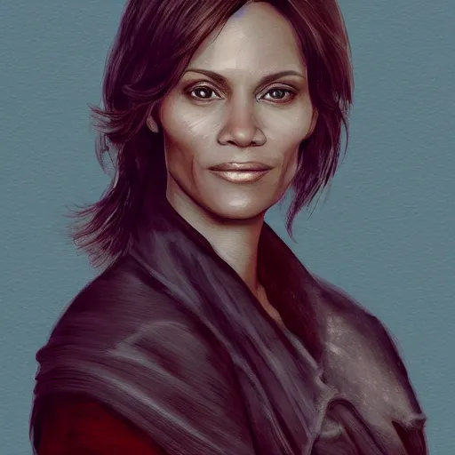 Image similar to portrait of maci holloway, first woman elected as president in usa, cold but beautiful, about 3 5 years old, highly detailed, mix of halle berry and julia roberts, gong li, olga kurylenko, artstation hd, deviantart, by artgem, greg rutkowski