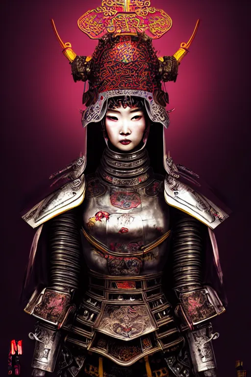 Prompt: beautiful and divine and luxury and evil and dieselpunklpunk three kingdom chinese female armor knight portrait, fighting in the chinese palace, ssci-fi, fantasy, neon light, fantasy, intricate complexity, human structure, human anatomy, hyperrealism 8k, art and illustration by tian zi and craig mullins and WLOP and alphonse mucha,