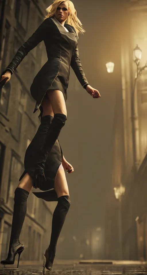 Image similar to beautiful model annie leonhart running on high heels with open toe in dunwall city, beautiful face, detailed face, cinematic lighting, rainy weather, melancholy atmosphere, volumetric light, octane render, dishonored 1, gothic architecture, realistic reflections, octane render 8 k, model agency