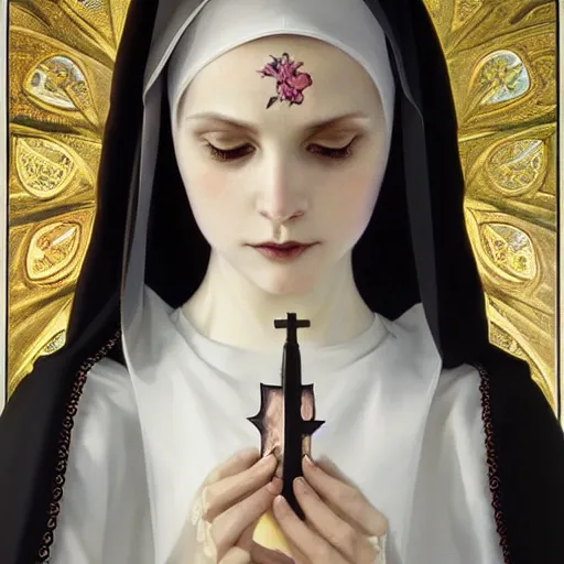 Image similar to soft painting of a gothic nun blessing in full dress, perfectly detailed flowers, symmetrical intricate sensual features, highly detailed, artstation, sharp focus, art by artgerm and greg rutkowski and alphonse mucha and tom bagshaw