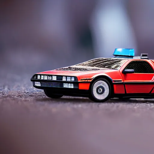 Prompt: a commercial photography of a hot wheels delorean car on a suburban street diorama scene, cinematic lighting, product shot, detailed, hq, macro lens