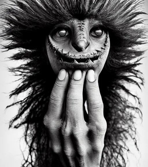 Prompt: Award winning Editorial up-angled photograph of Early-medieval Scandinavian Folk ostrich-shark Baring its teeth with curly incredible hair and fierce hyper-detailed eyes with a hand on its chin by Lee Jeffries and David Bailey, 85mm ND 4, perfect lighting, a heart-shaped birthmark on the forehead, dramatic highlights, wearing traditional garb, With very huge sharp jagged Tusks and sharp horns, gelatin silver process