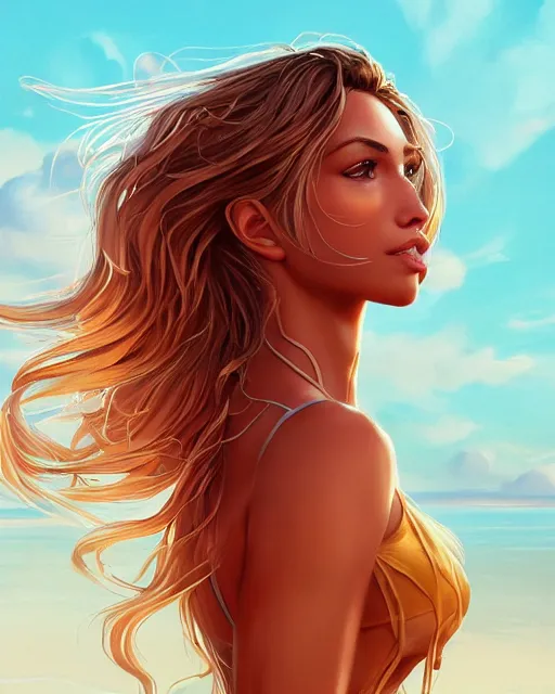 Image similar to summer vibes, beautiful sun tanned goddess, flowy hair, sun, summer, cinematic lighting, highly detailed, digital painting, trending on artstation, pixiv, concept art, sharp focus, illustration, art by ross tran and wlop