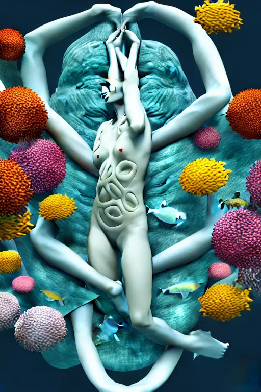 Image similar to a sculpture of fish ocean intertwined, diode lighting, a lovely cornucopia of flowers and human body parts, body parts, highly detailed, octane render, cinematic, sharp focus, clean, studio lighting