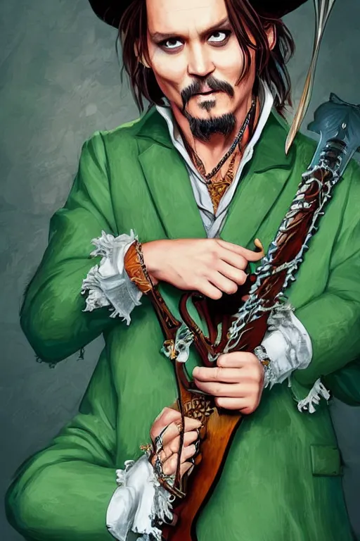 Image similar to Breathtaking comic book style of Johny Depp portrayed as a Dungeons and Dragons bard, playing the lute and wearing a pale green jacket in the style of ilya kuvshinov