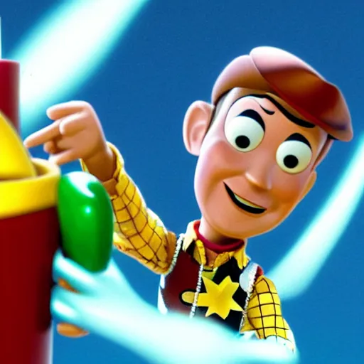 Prompt: close up of woody from toy story melting buzz light year over a candle, cinematographic shot, cartoon