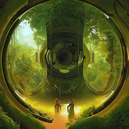 Image similar to portal in a middle of a lush futuristic forest, alien world seen through a portal, syd mead, john harris