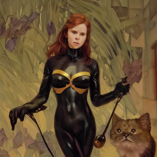 Image similar to Erin Moriarty as Cat Woman, highly detailed, digital painting, artstation, concept art, smooth, sharp focus, illustration, ArtStation, art by artgerm and greg rutkowski and alphonse mucha and J. C. Leyendecker and Edmund Blair Leighton and Katsuhiro Otomo and Geof Darrow and Phil hale and Ashley wood and Ilya repin and Charlie Bowater