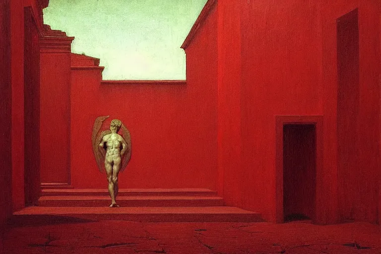 Image similar to only with red, caesar after win war, the deal, a red tiger, in hoc signo vinces, rome in background, an ancient path, in the style of beksinski, part by hopper, part by rodcenko, part by hofbauer, intricate composition, red by caravaggio, insanely quality, highly detailed, masterpiece, red light, artstation