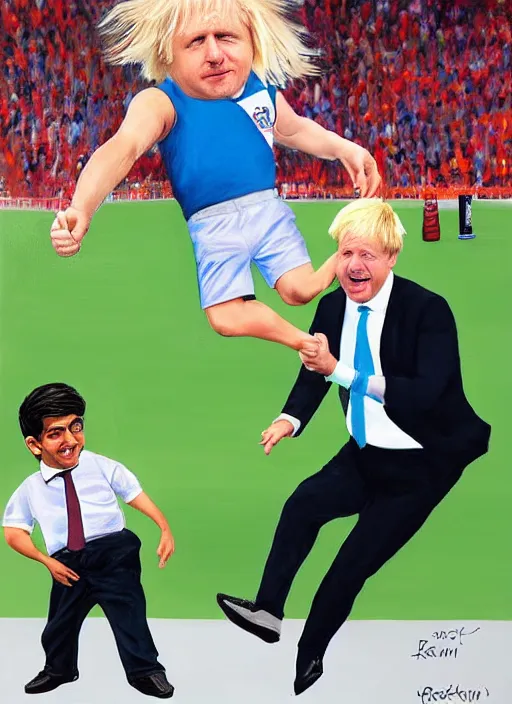 Image similar to Photorealistic painting of Boris Johnson kicking a child version of rishi sunak