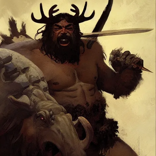 Prompt: hairy barbarian with moose head by greg rutkowski by frank frazetta