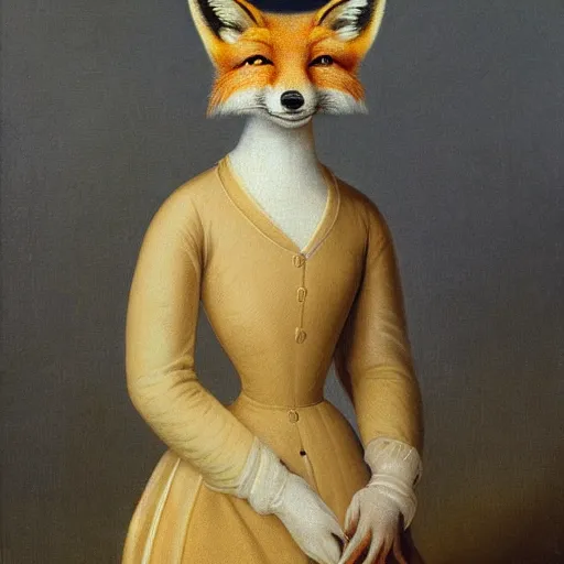 Image similar to A beautiful animal portrait of a fox in a pale yellow dress by Robert Cleminson and Carl Friedrich Deiker