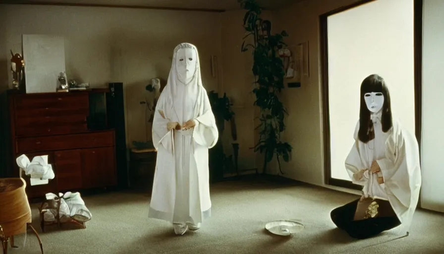 Prompt: 60s movie still of a white japanese female phantom in a non-euclidian house, eastmancolor, heavy grain, high quality, higly detailed, liminal space