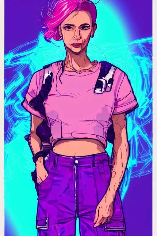 Image similar to a award winning half body portrait of a beautiful woman in a croptop and cargo pants with ombre purple pink teal hairstyle and hands in pockets by ari liloan, surrounded by whirling illuminated lines, outrun, vaporware, shaded flat illustration, digital art, trending on artstation, highly detailed, fine detail, intricate