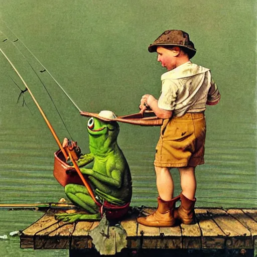 Prompt: pepe the frog fishing by norman rockwell