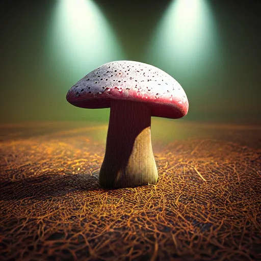 Prompt: photorealistic 3D render, cinema 4d, bokeh portrait of a Mushroom creature, dramatic backlighting