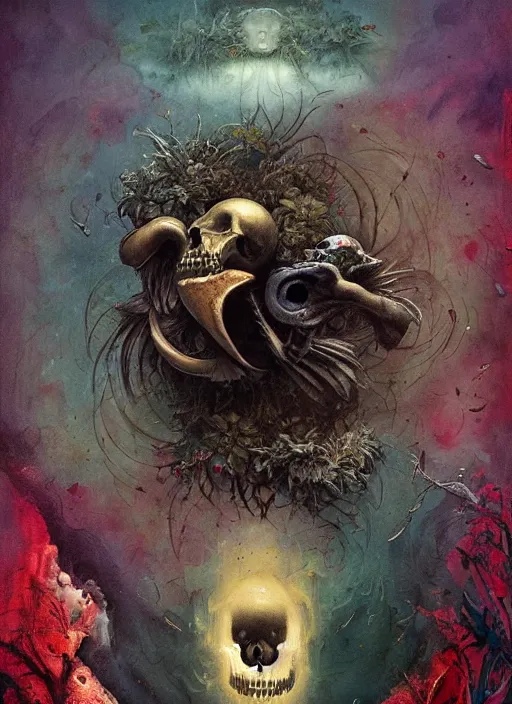 Prompt: the dodo, death tarot card, highly detailed, half skull face, cinematic, 8 k, by megan duncanson, benjamin lacombe, adrian borda, stanley artgermm, tom bagshaw, craig mullins, carne griffiths, ayami kojima, beksinski, giger, trending on deviantart, hyper detailed, horror, full of colour