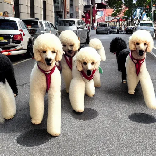 Prompt: a gang of poodles terrorizing the city