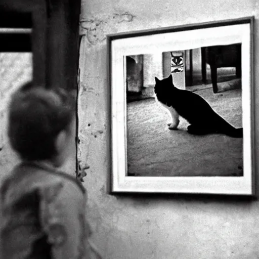 Prompt: a cat watching a bird, photograph by henri cartier bresson