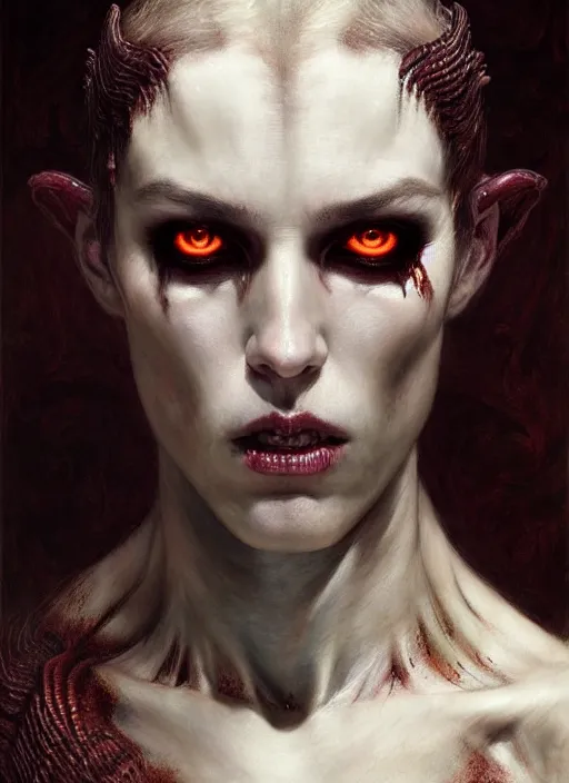 Image similar to half demon half human intricate skin pattern texture, elegant, peaceful, full body, white horns, hyper realistic, extremely detailed, dnd character art portrait, dark fantasy art, intricate fantasy painting, dramatic lighting, vivid colors, deviant art, artstation, by edgar maxence and caravaggio and michael whelan and delacroix.