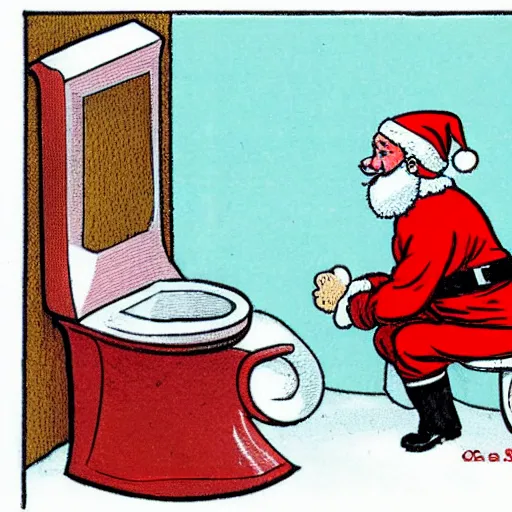 Image similar to santa claus sitting on the toilet in the style of currier & ives