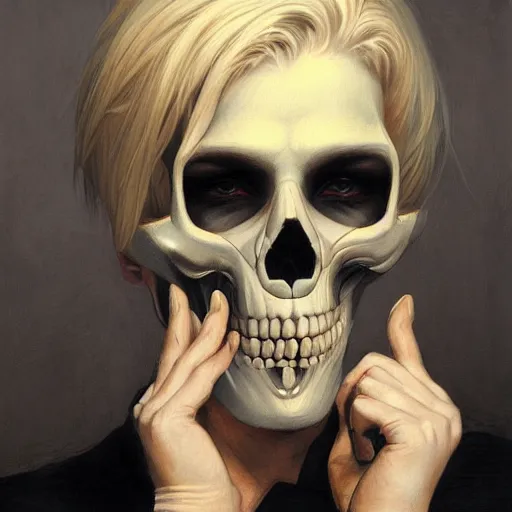 Prompt: Portrait of a suited blond with medical gloves and a skull face mask, by Gerald Brom and Kim Kyoung Hwan