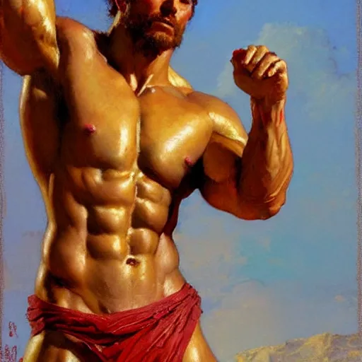 Image similar to greek god, muscular, red and gold, detailed face, thighs, painting by Gaston Bussiere, Craig Mullins