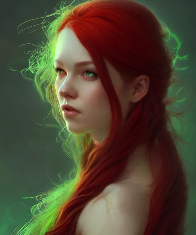 Image similar to Fae teenage girl, portrait, face, long red hair, green highlights, fantasy, intricate, elegant, highly detailed, digital painting, artstation, concept art, smooth, sharp focus, illustration, art by artgerm and greg rutkowski