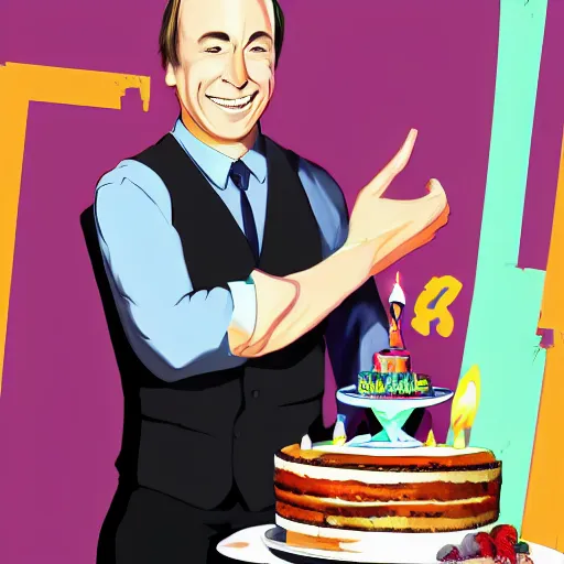 Image similar to bob odenkirk, smiling, holding a birthday cake, anime art, trending on artstation