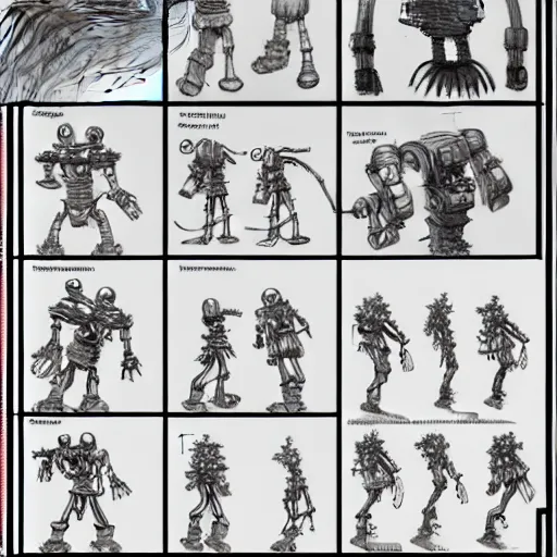 Prompt: pose reference sheet for salvaged robot pilgrim, wandering robot, art by moebius, reference art