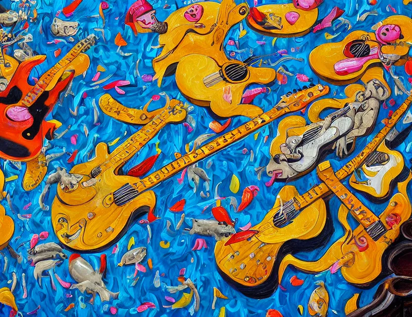 Prompt: a detailed oil painting of a concert by going bananas with guitars while the gold fishes are stoned and smiling in the sky in the style of artist James Jean