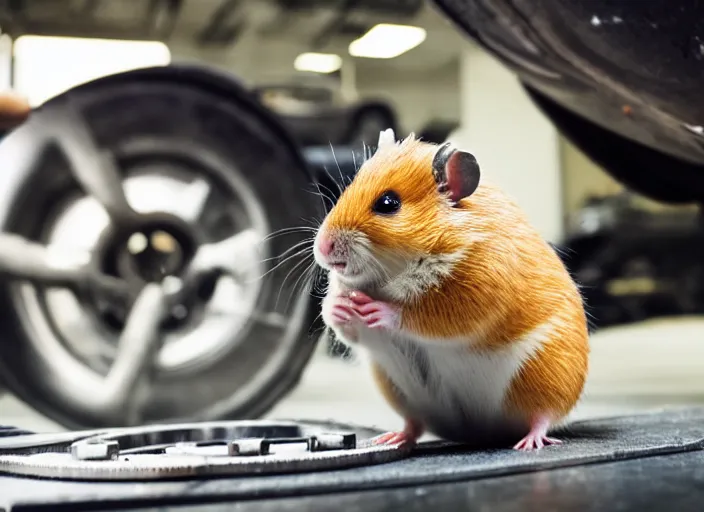 Image similar to film still of a hamster working as a mechanic in an auto shop, 8 k