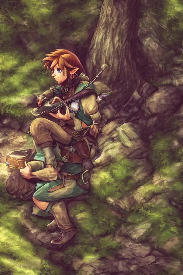 Prompt: a photorealistic portrait of link sitting in woods of hyrule playing ocarina, with a ultra detailed texture and a dreamy atmosphere, hdr, cinematic scene, beautiful light