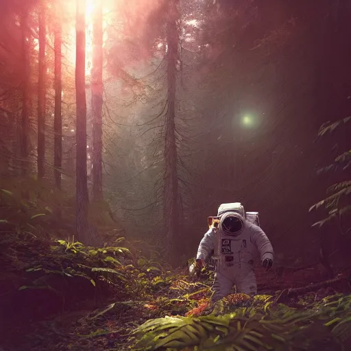 Image similar to american astronaut in the forest, plants environment, wide angle, cinematic lighting, atmospheric, realistic, octane render, highly detailed, cgsociety, in the style of craig mullins