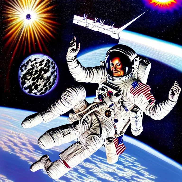 Prompt: astronaut at the rainbow bridge. paul gulacy. philip caza. artgerm.