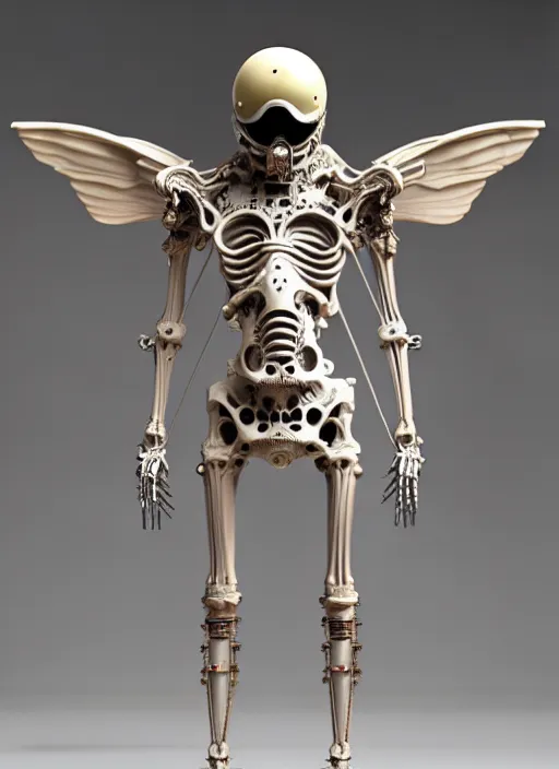 Prompt: a rococo statue of a bone spacesuit with steampunk details, occult cosmonaut inscribed with magic symbols, ivory marble statue, mohrbacher, giger, beksinski, 3 d rendering, structure, beautiful lighting, skeletal wings, uncanny, micro detail