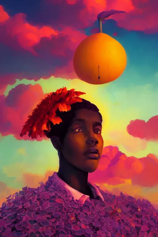 Image similar to closeup, giant flower as head, black woman in suit, surreal photography, golden hour, colorful clouds, impressionist painting, digital painting, artstation, simon stalenhag