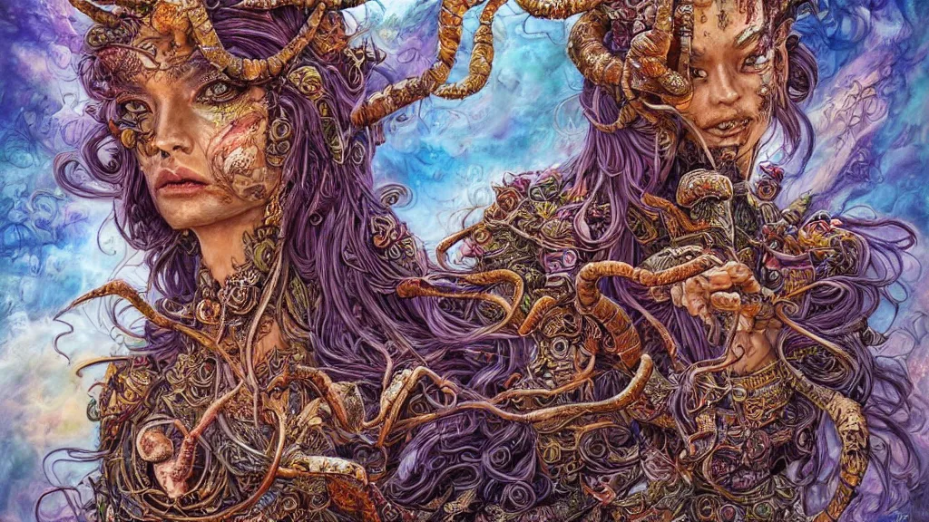 Prompt: portrait of a scorpion goddess, full body shot, rule of thirds, wide angle, amazing landscape background, fantasy, whimsical, horror, art by chengwei pan and josephine wall and hr geiger and amanda sage, intricately detailed, highly detailed, luxurious, elegant, clean, unsettling, trending on artstation