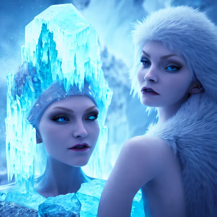 Image similar to beautiful ice queen confronting a ice golem ,highly detailed, 8k, HDR, award-winning, trending on artstation, octane render
