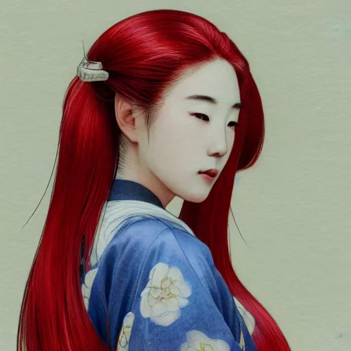 Image similar to side portrait of a young japanese woman wearing a kimono, long hair, headshot, hyper realistic, pale skin, bright red hair, 4k, rule of thirds, extreme detail, detailed drawing, trending artstation, hd, fantasy, D&D, realistic lighting, by Alphonse Mucha, Greg Rutkowski, sharp focus, backlit, elegant