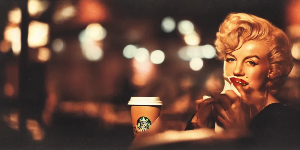 Image similar to A close-up, color cinema film still of a marlin monroe drinking coffee at a starbucks, ambient lighting at night.