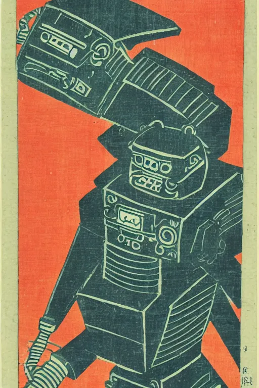 Prompt: Japanese woodblock print of robot gardener