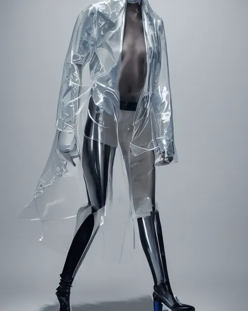 Prompt: an award winning fashion photograph of Balenciaga's transparent raincoat by Catherine Opie and Hajime Sorayama, Demna Gvasalia, cyberpunk, futuristic, Bladerunner 2049, dazzle camouflage!