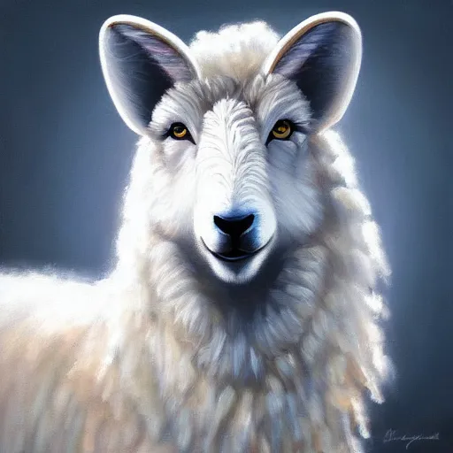 Image similar to sheep wolf head, oil painting, front view, artstation, dramatic lighting, symmetry, beautiful