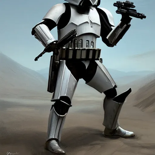 Prompt: a wide shot of an imperial stormtrooper in battle position ready to shoot his blaster concept art by Doug Chiang cinematic, realistic painting, high definition, very detailed, extremely high detail, photo realistic, concept art, the Mandalorian concept art style