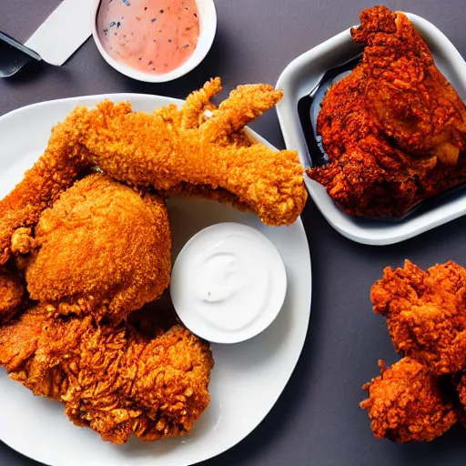 Image similar to A delicious plate of fried chicken, KFC, food photography, michelin star