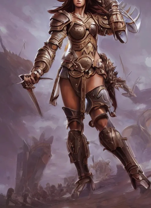Prompt: a professionally painting of an attractive young girl, partially clothed in battle armor, olive skin, long dark hair, beautiful bone structure, perfectly proportioned, nubile body, symmetrical facial features, intricate, elegant, heroic pose, digital painting, concept art, smooth, sharp focus, finely detailed, from Warhammer, in the style of Artgerm and Greg Rutkowski and William-Adolphe Bouguerea